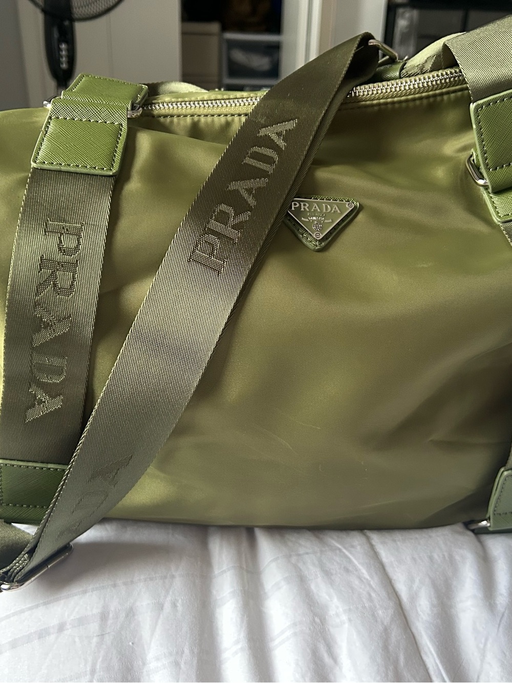 Prada Tessuto nylon shoulder tote bag in Olive Green color. ONLY USED ONCE.